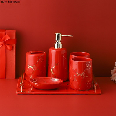 1 tk Nordic Red Ceramic Lotion Bottle Seebi dosaator Kuristamiskupp hambaharja hoidik Seebialus Vannitoa tarvikud Pulmatarbed