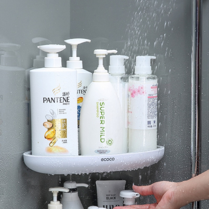 Trikampė kampinė vonios lentyna, montuojama ant sienos