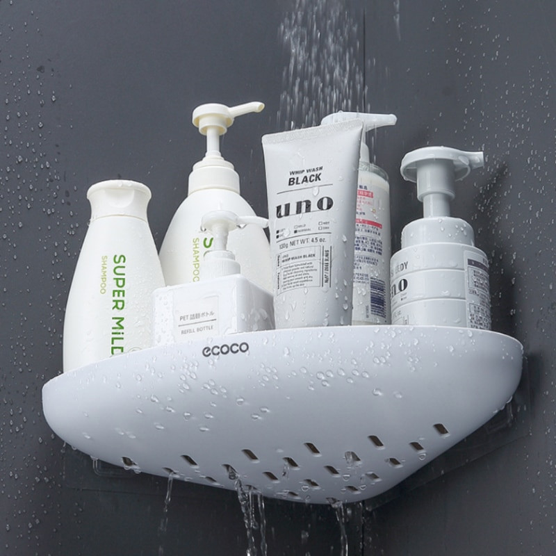 Trikampė kampinė vonios lentyna, montuojama ant sienos