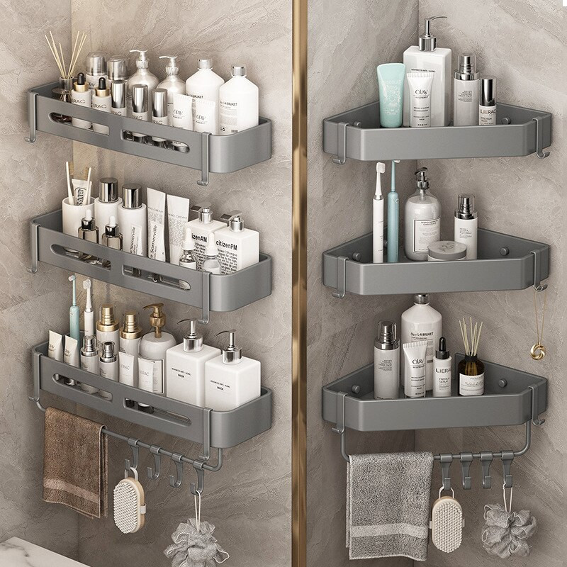 Vonios lentynos Pistoletas Pilka trikampė lentyna Dušo laikymo lentynos laikiklis Sieninis tualeto tvarkytuvas Vonios kambario virtuvės priedai