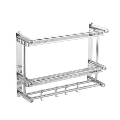 Rozsdamentes acél tároló polcok Háztartási WC-k Hidraulika asztalok Törülközőtartó Kétrétegű falra szerelhető állványok fürdőszobához