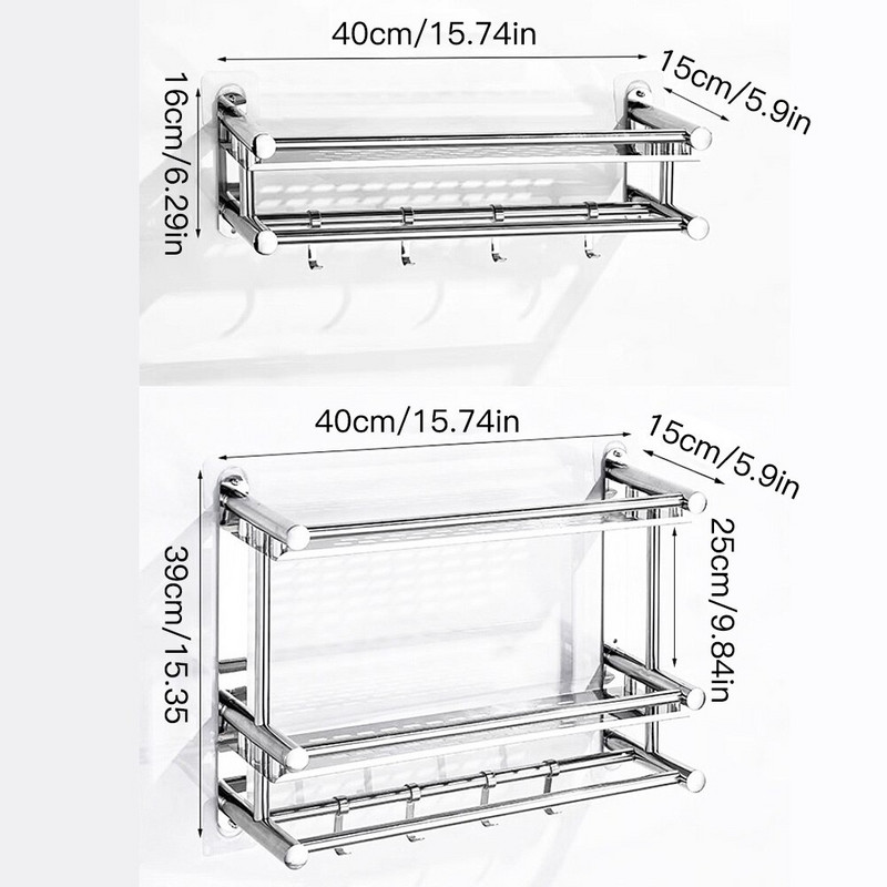 Rozsdamentes acél tároló polcok Háztartási WC-k Hidraulika asztalok Törülközőtartó Kétrétegű falra szerelhető állványok fürdőszobához
