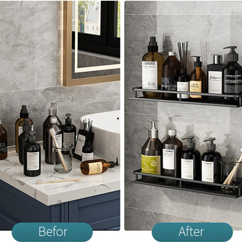Fürdőszoba falra szerelhető tároló állvány üreges, állítható tárolópolc, vastagított teherhordó vízálló állványos WC-tartozékok