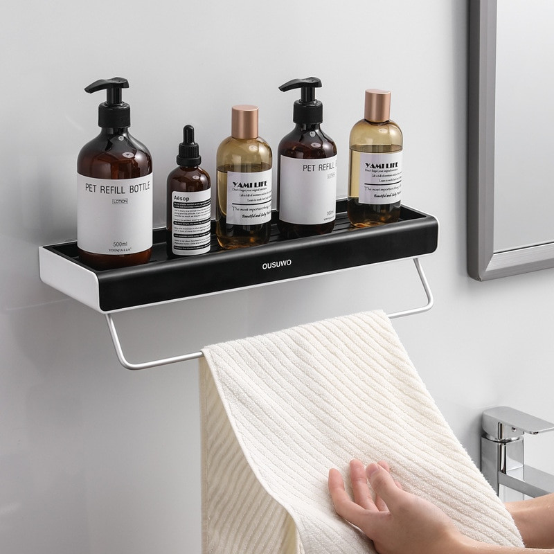 Fürdőszoba polc fúró nélküli rendszerező zuhany tároló állvány sampon polcok falra szerelhető törülközőtartó törülközőtartóval tárolási kiegészítők