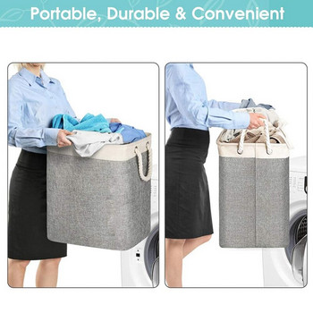 Кош за пране с дръжки 2 пакета, сгъваеми ленени кошници за пране Вградена подплата с подвижни скоби