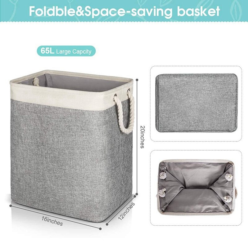 Košara za rublje s ručkama 2 paketa, sklopive lanene korpe za rublje Ugrađena podstava s odvojivim držačima