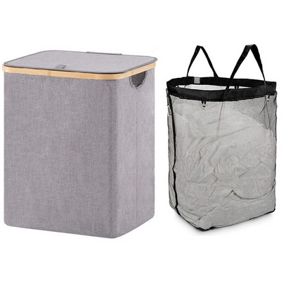 Skalbinių krepšelis su dangteliu, vandeniui atsparus sulankstomas skalbinių krepšelis su dangteliu su rankena Dideli bambuko nešvarūs drabužiai / žaislai / šiukšlės