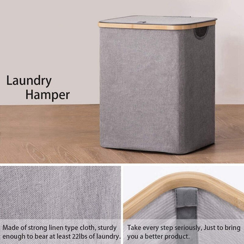 Skalbinių krepšelis su dangteliu, vandeniui atsparus sulankstomas skalbinių krepšelis su dangteliu su rankena Dideli bambuko nešvarūs drabužiai / žaislai / šiukšlės