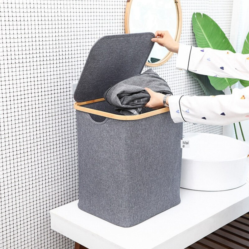 Skalbinių krepšelis su dangteliu, vandeniui atsparus sulankstomas skalbinių krepšelis su dangteliu su rankena Dideli bambuko nešvarūs drabužiai / žaislai / šiukšlės