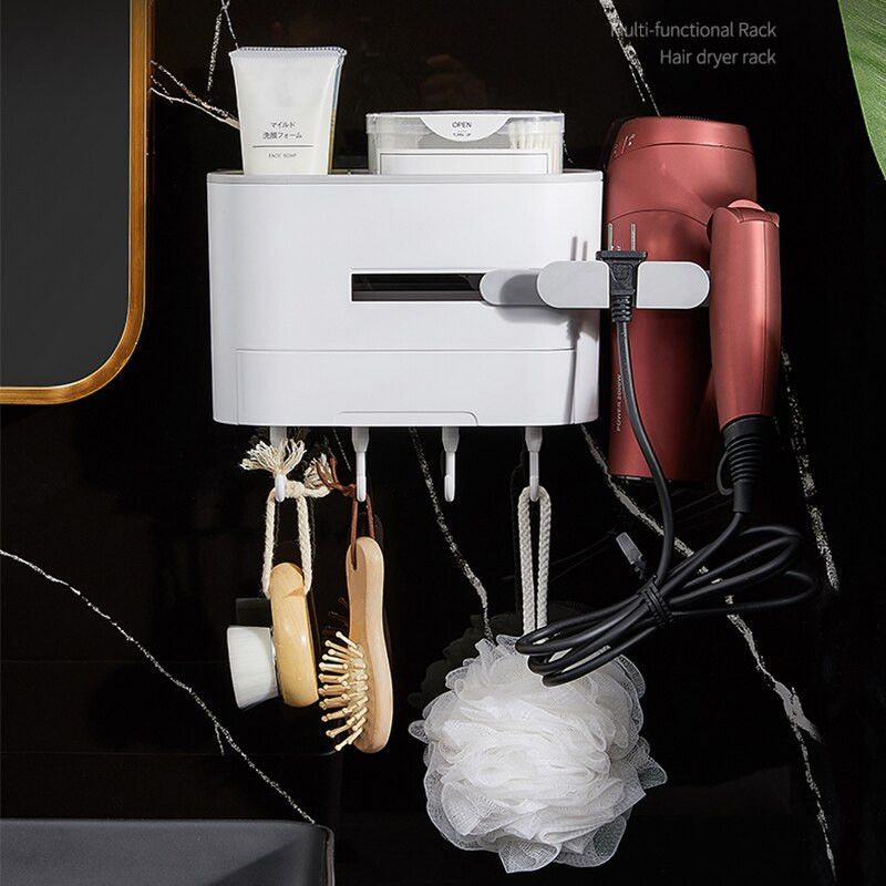 Fürdőszoba tároló falra szerelhető hajszárító tartó állvány Műanyag polcok fürdőszobai piperecikkekhez Sminkrendező