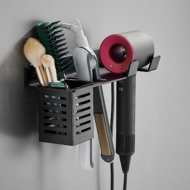 Fürdőszoba szervező Falra szerelhető állványos hajszárító tartó tárolódobozzal Hajsütővas polc Otthoni fürdőszobai konzol
