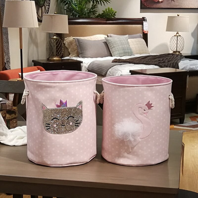 Coș de rufe murdar Coș organizator lebădă roz Coșuri de depozitare cu șnur pentru jucării, cărți D35XH40cm