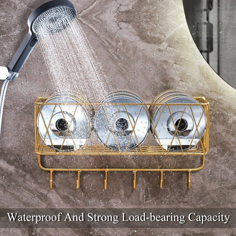 Raft de baie auriu de lux fără găurire Coș de depozitare pentru duș din metal cu cârlig Suport pentru șampon pentru periuță de dinți Accesorii pentru baie