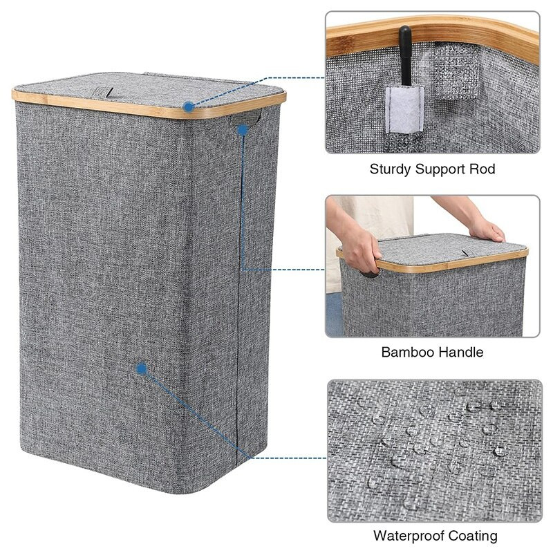 Coș de rufe cu capac, coșuri de rufe murdare din bambus cu mâner, coș de rufe pliabil pentru organizarea hainelor