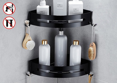 Trokutasti stalak za odlaganje ručnika za tuširanje Crne kutne police Zidni aluminijski držač za šampon Bez bušilice Organizator za kupaonske police