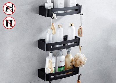 Trokutasti stalak za odlaganje ručnika za tuširanje Crne kutne police Zidni aluminijski držač za šampon Bez bušilice Organizator za kupaonske police