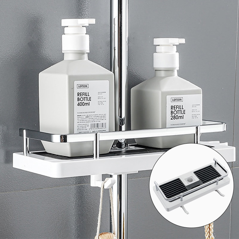 Багажник за съхранение на душ Органайзер за баня Полюсни рафтове Стойка за табла за шампоан Едноетажна без пробиване Повдигаща щанга Държач за душ кабина