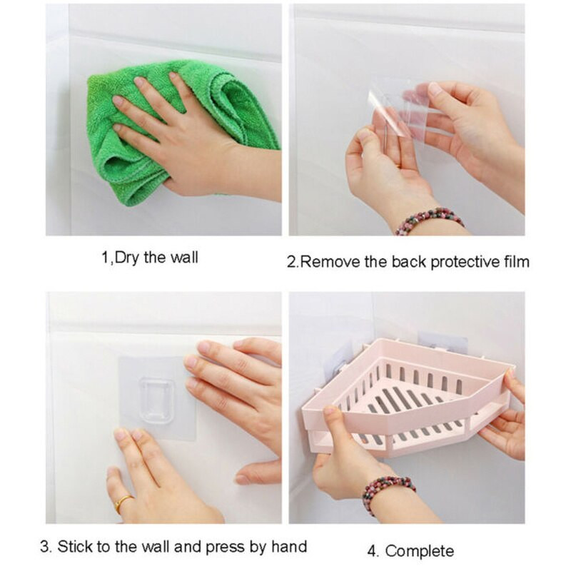 Siurbimo sienelė trikampė dušo kabinos lentyna be pėdsakų plastikinė vonios kambario kampinė vonios lentyna.