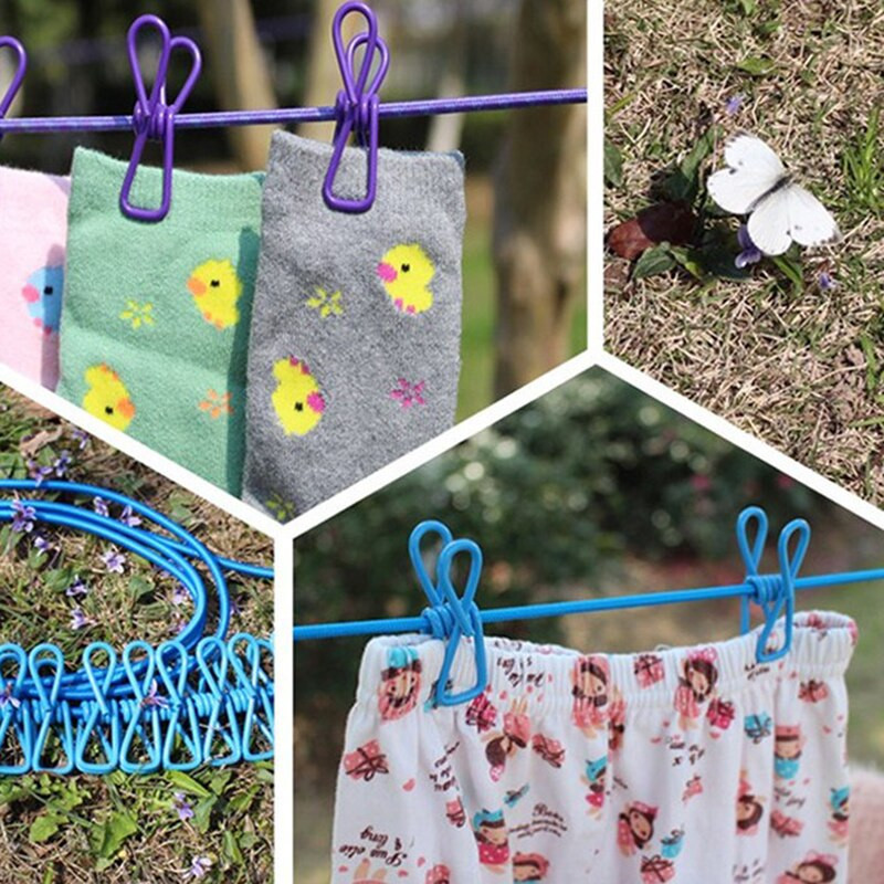 1.8M външна ветроустойчива въже за дрехи 10 цвята Преносимо еластично еластично въже за дрехи със скоби Куки Инструменти за работа на открито