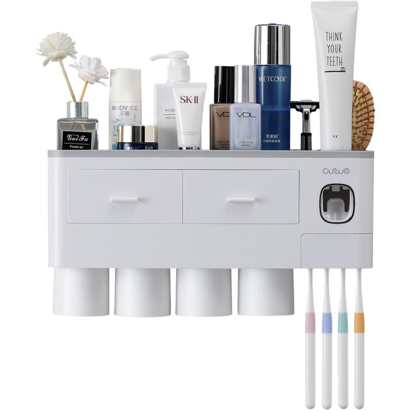 Suport pentru distribuitor automat de pastă de dinți pentru 2/3/4 căni Organizator pentru accesorii de baie Suport de depozitare pentru articole de toaletă multifuncțională