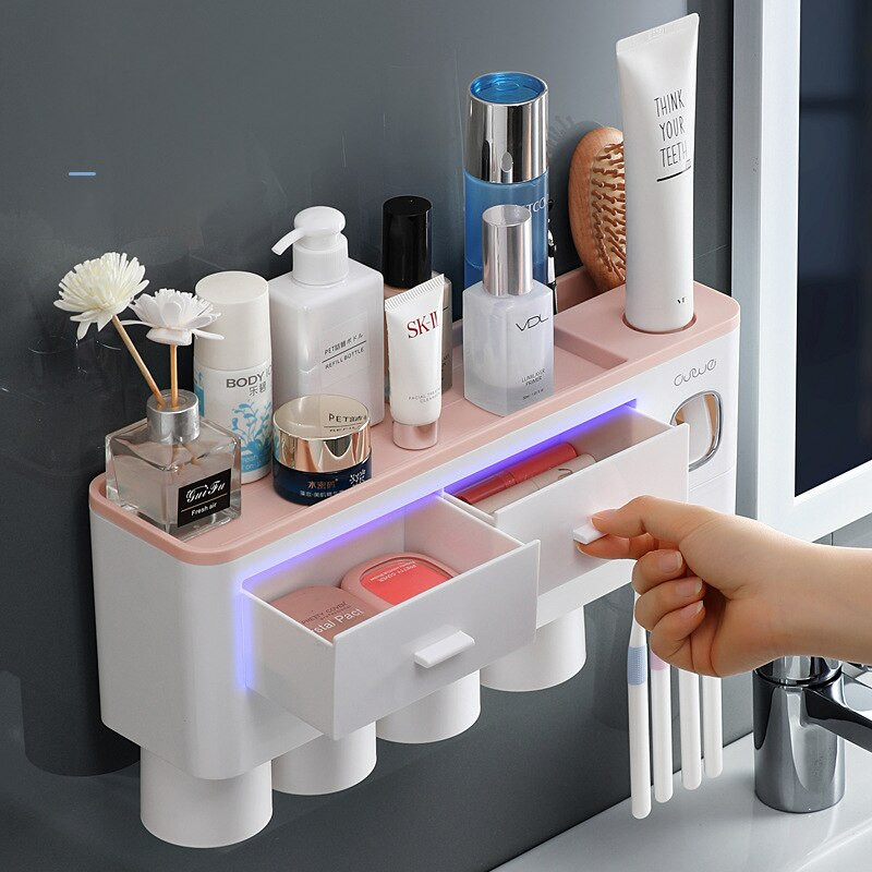 Suport pentru distribuitor automat de pastă de dinți pentru 2/3/4 căni Organizator pentru accesorii de baie Suport de depozitare pentru articole de toaletă multifuncțională