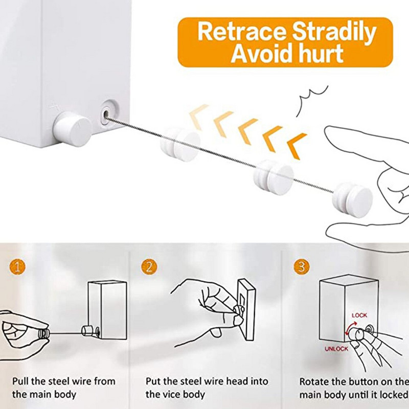 1 db 4,2 m-es, állítható, visszahúzható ruhakötél rozsdamentes acél drótkötél falra szerelhető szárító fogastartó fúró szabad helytakarékos tartó
