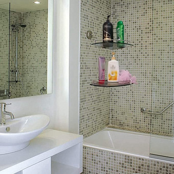 Рафтове за баня, стъклен ъглов рафт за баня, монтиран на стена, рафт от закалено стъкло за съхранение на душ гел/сапун