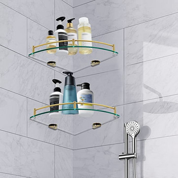 Рафтове за баня, стъклен ъглов рафт за баня, монтиран на стена, рафт от закалено стъкло за съхранение на душ гел/сапун