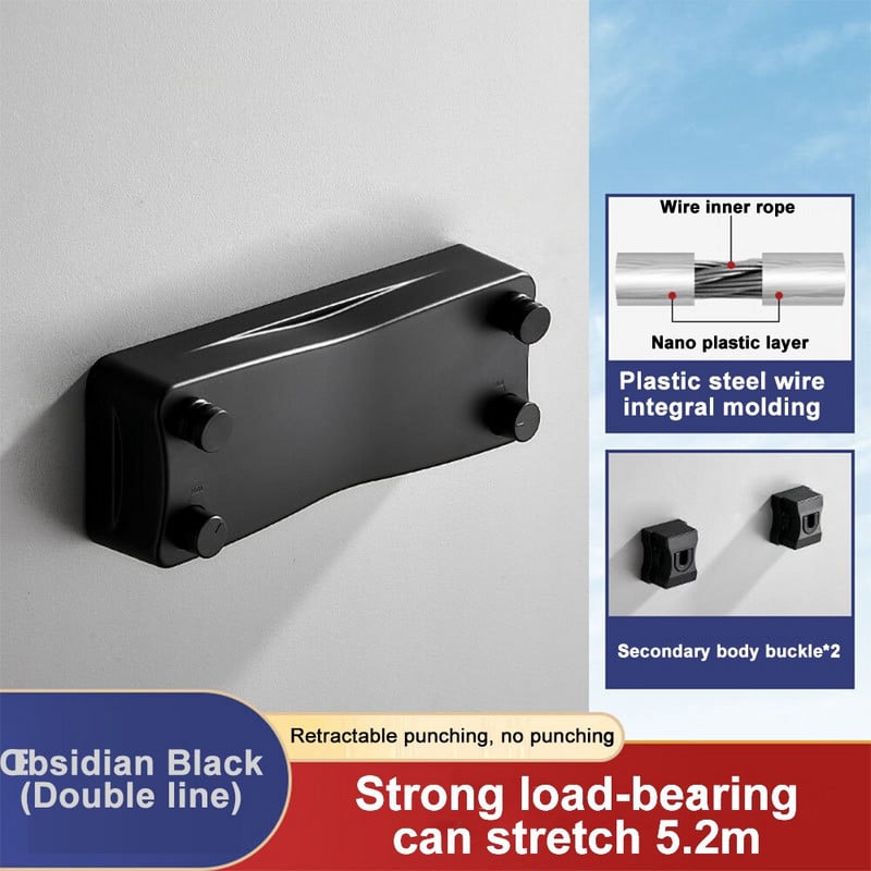 Uscător de rufe 5,2 m Accesorii retractabile pentru baie Suport de uscare Suport pentru rufe extensibil cu linie dublă Uscător de rufe Negru