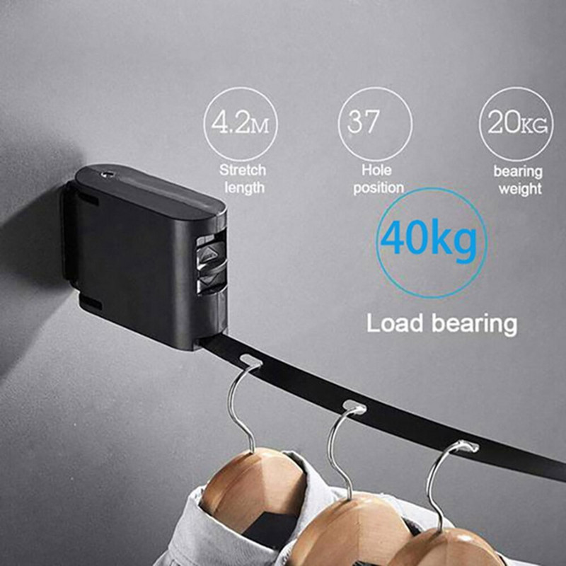 Corde de rufe invizibil pentru interior cu orificiu pentru umeraș Cursă de rufe retractabilă frânghie Suport de uscare Linie de haine pentru balcon Fără suport de foraj