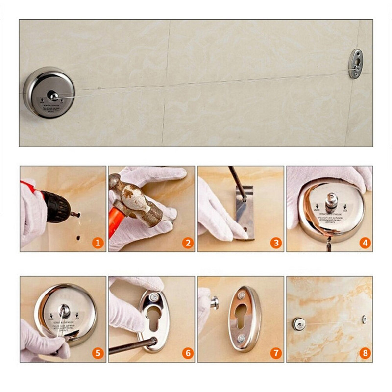 Snur de rufe retractabil Nu necesită găurire Coarda de uscare Snur din oțel inoxidabil Umeraș pentru rufe Organizator Suport pentru uscare haine