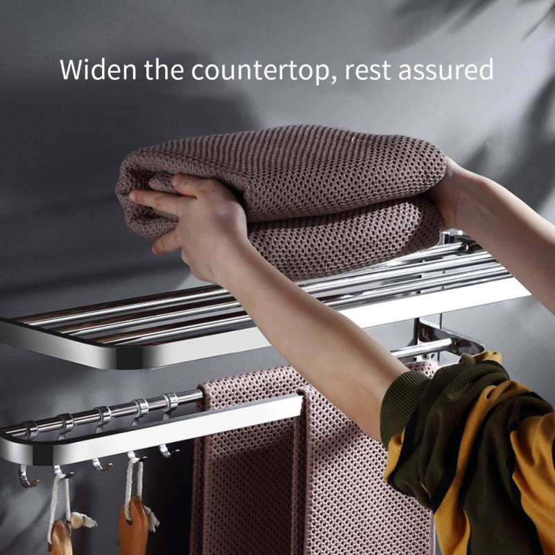 Fürdőszoba törölközőtartó Összecsukható tartó polc Fürdőszoba falra szerelhető sín rendszerező kampós konyha alumínium tároló polc tartozékok