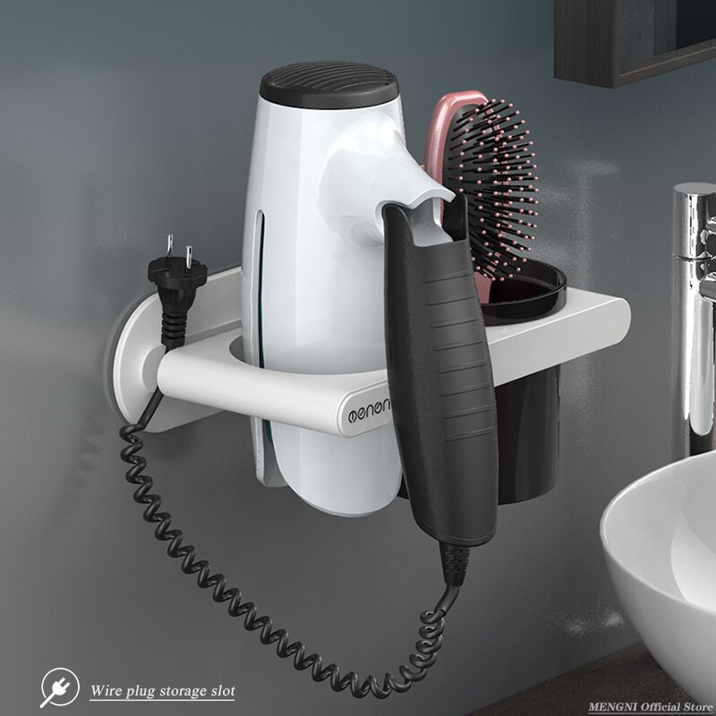 MENGNI Falra szerelhető hajszárító tartó Lyukasztás nélküli fürdőszobai polc műanyag fésű Tároló rendszerező állvány fürdőszobai kiegészítő készletek