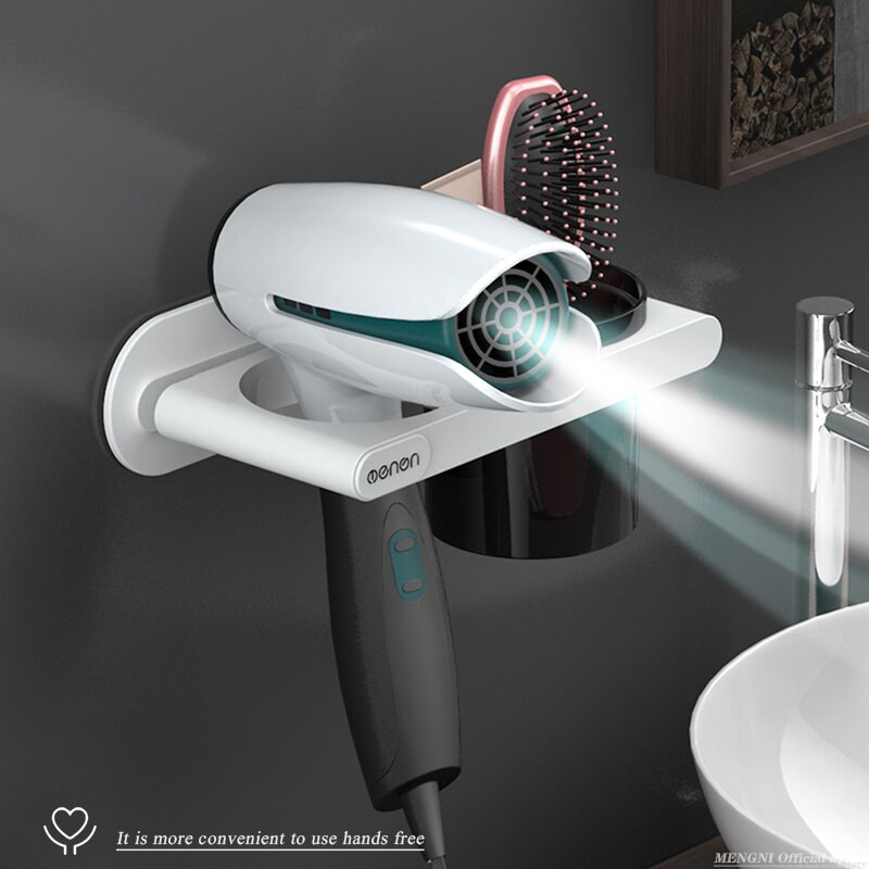 MENGNI Falra szerelhető hajszárító tartó Lyukasztás nélküli fürdőszobai polc műanyag fésű Tároló rendszerező állvány fürdőszobai kiegészítő készletek