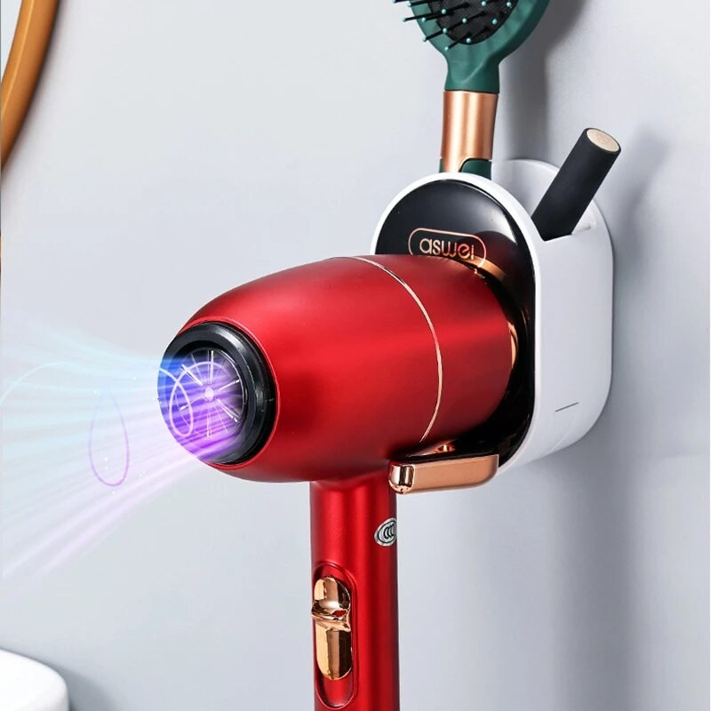 Összecsukható hajszárító tartó Falra szerelhető fürdőszobai rendszerező állvány Hajvasaló állvány Zuhanyzó tároló polc Fürdőszoba tartozék