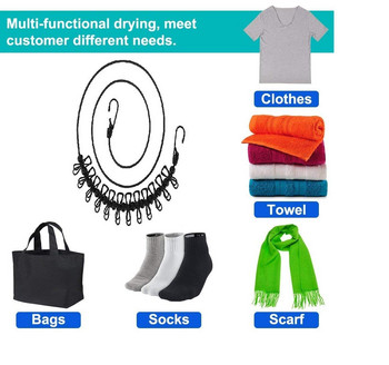 Преносимо въже за дрехи с 12 щипки, ветроустойчиво въже за пътуване, разтегливо прибиращо се еластично въже за пране за дрехи за Bac