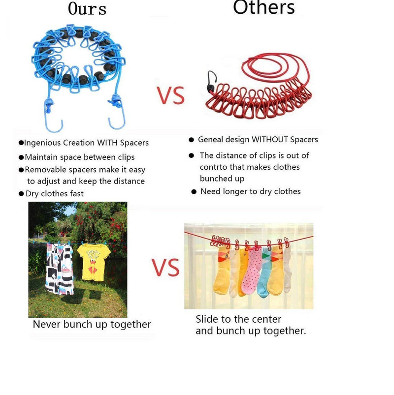 Преносимо въже за дрехи с 12 щипки, ветроустойчиво въже за пътуване, разтегливо прибиращо се еластично въже за пране за дрехи за Bac