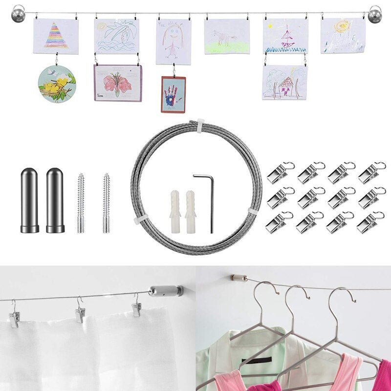 Hot YO-Curtain Drape drótrúd készlet 12 kapcsos, rozsdamentes acél kép akasztóhuzal Ruházati zsinór huzal többcélú szett akasztó Ph.