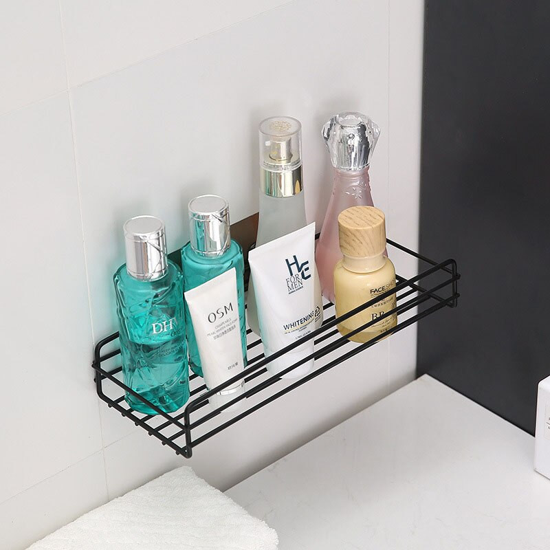 Vonios kambario perforuotas stačiakampis geležies menas Vonios kambario laikymo lentyna Praustuvo sienelė Kabantis be pėdsakų pastos šampūno stovo laikymo lentyna