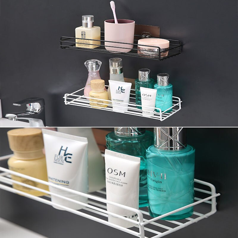Vonios kambario perforuotas stačiakampis geležies menas Vonios kambario laikymo lentyna Praustuvo sienelė Kabantis be pėdsakų pastos šampūno stovo laikymo lentyna
