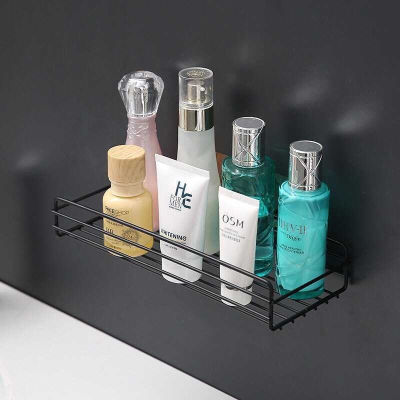 Vonios kambario perforuotas stačiakampis geležies menas Vonios kambario laikymo lentyna Praustuvo sienelė Kabantis be pėdsakų pastos šampūno stovo laikymo lentyna