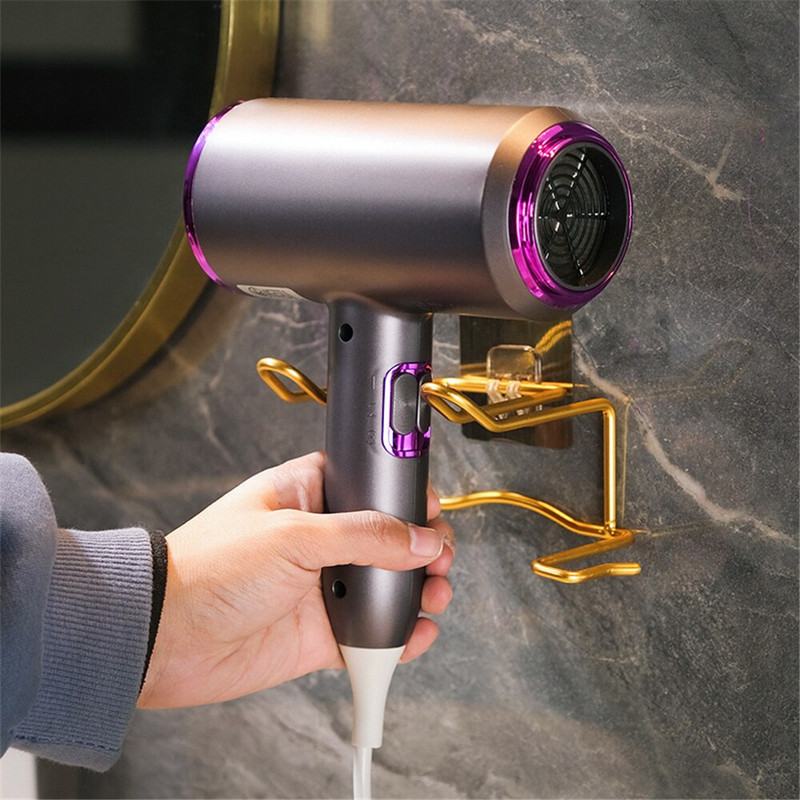 Hajszárító tárolóállvány Fürdőszoba Könnyű luxus ütésmentes készülékrendező Arany falra szerelhető elektromos dugós tárolótartály