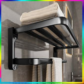 50cm Space alumínium fürdőszobai fekete törülközőtartó, divatos falra szerelhető összecsukható tároló törölközőfogas fürdőszobai polc