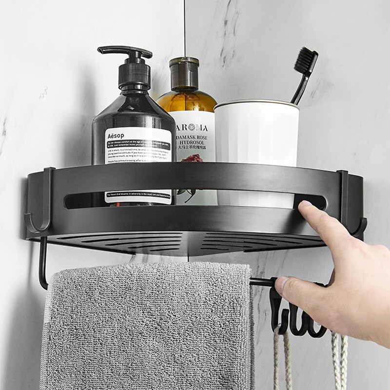 Raft de colț pentru baie, montare pe perete fără găurire, din aluminiu pentru duș, suport de depozitare, organizator pentru suport pentru șampon, accesorii pentru baie