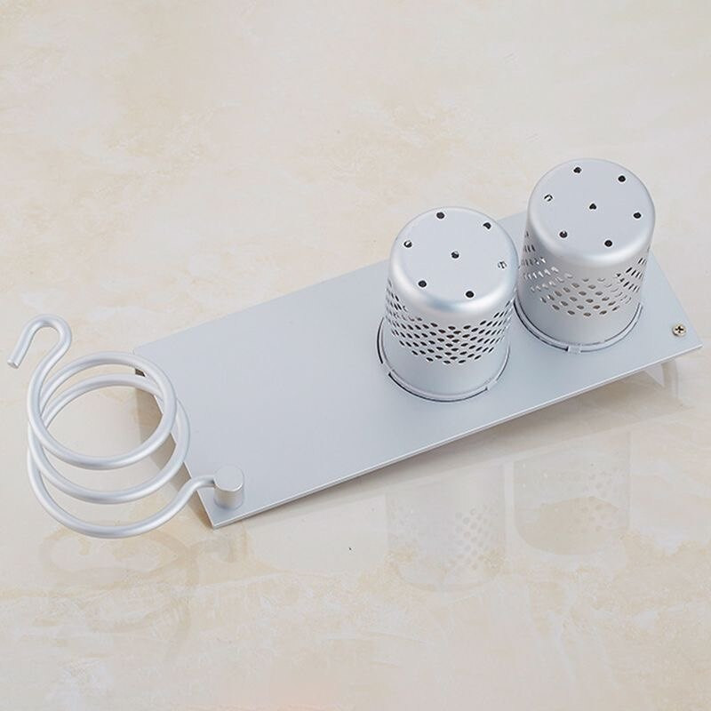NAUJA Plaukų džiovintuvo stovas su krepšeliu Aliuminis, tvirtinamas prie sienos Vonios kambario laikymo lentyna Plaukų šukuotų šepetėlių kištuko laikiklis Vonios kambario priedai