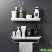 Fără găurire Suport de depozitare pentru șampon, montat pe perete, Organizator de depozitare pentru duș, cu bară de prosoape, raft de depozitare pentru baie