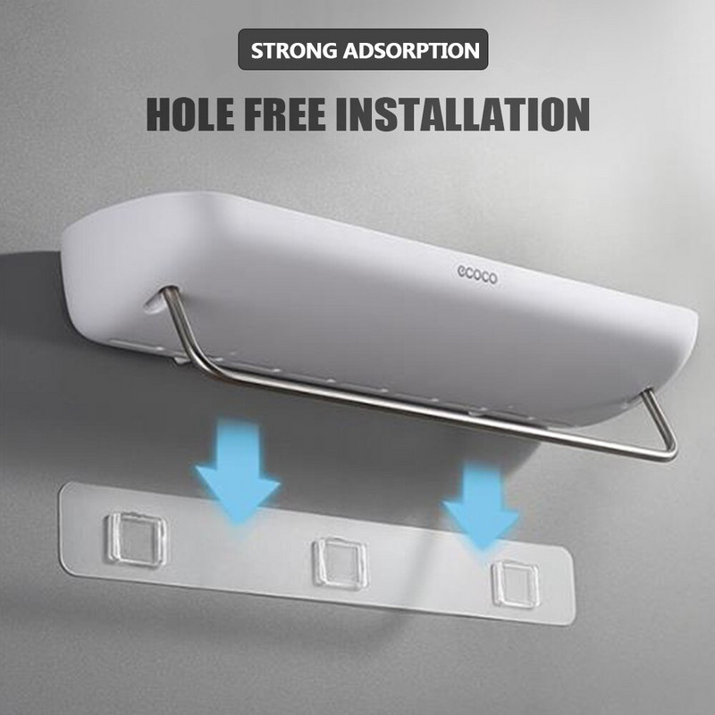 Fără găurire Suport de depozitare pentru șampon, montat pe perete, Organizator de depozitare pentru duș, cu bară de prosoape, raft de depozitare pentru baie