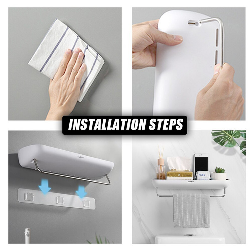 Fără găurire Suport de depozitare pentru șampon, montat pe perete, Organizator de depozitare pentru duș, cu bară de prosoape, raft de depozitare pentru baie