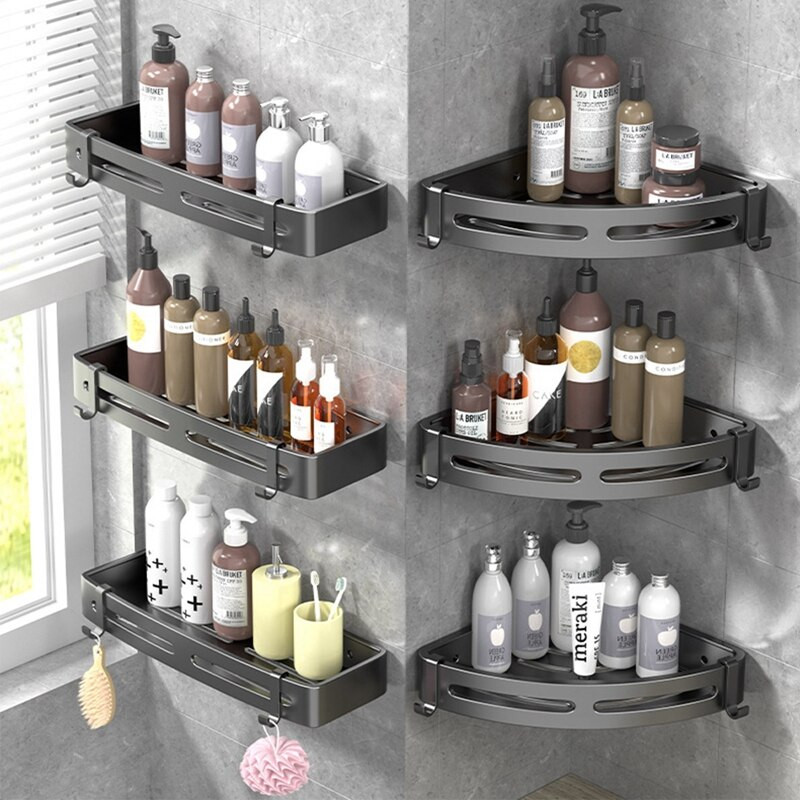 Χώρος ράφι μπάνιου χωρίς διάτρηση Γωνιακά ράφια αλουμινίου Βεντούζα Τριγωνικό καλάθι ντους για αξεσουάρ μπάνιου