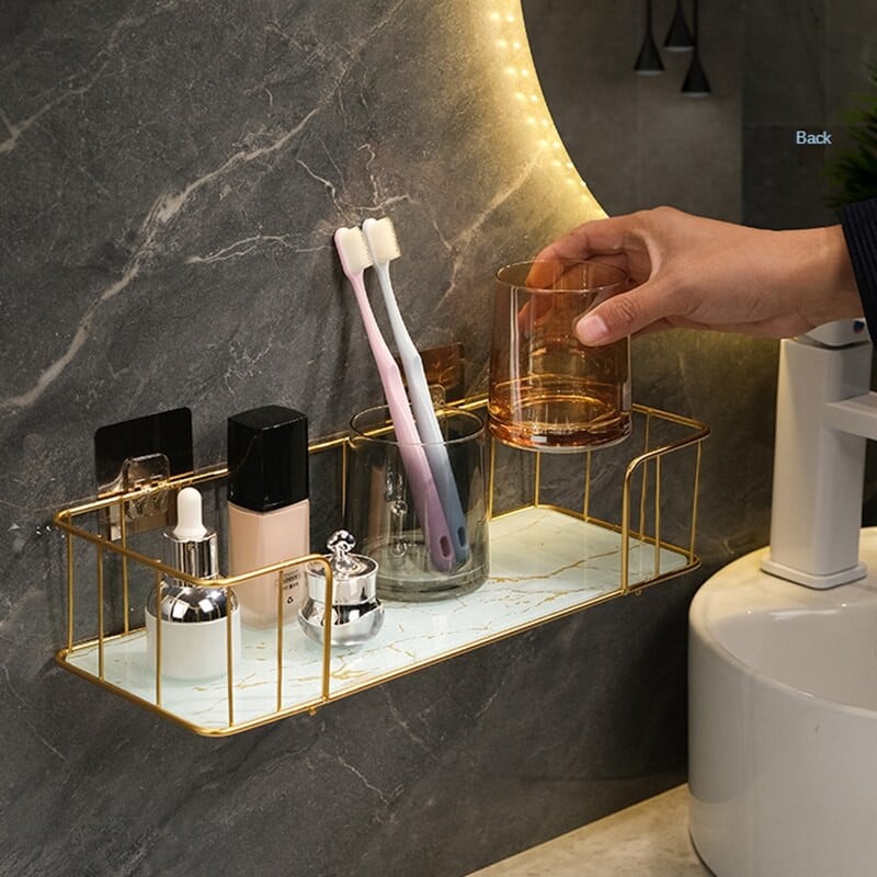 Luxus fürdőszobai polc fúrás nélkül Vas fali polc márvány stílusú üveglap sminktároló állvány Fürdőszoba kiegészítők